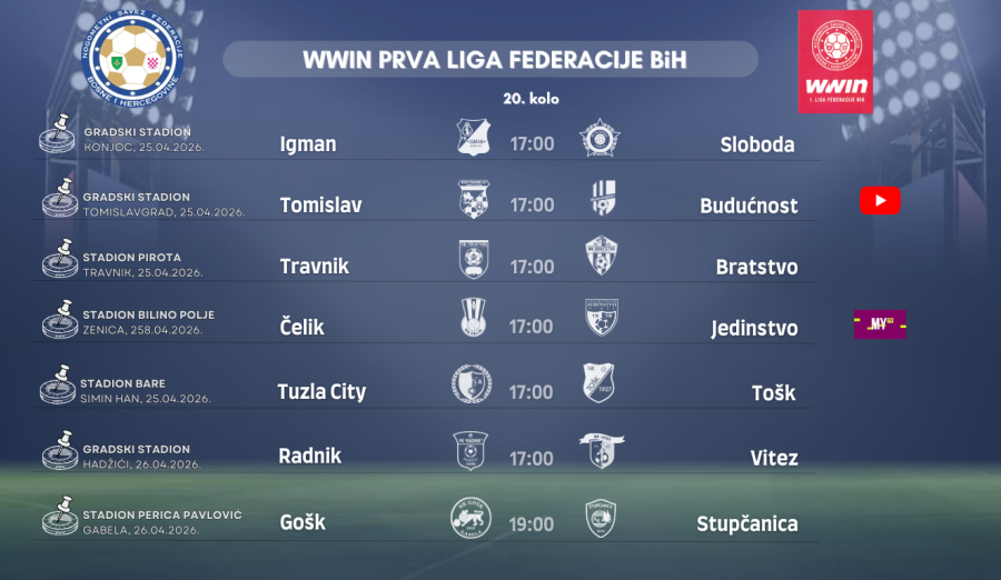 Službena lica 20. kola WWIN Prve lige Federacije BiH