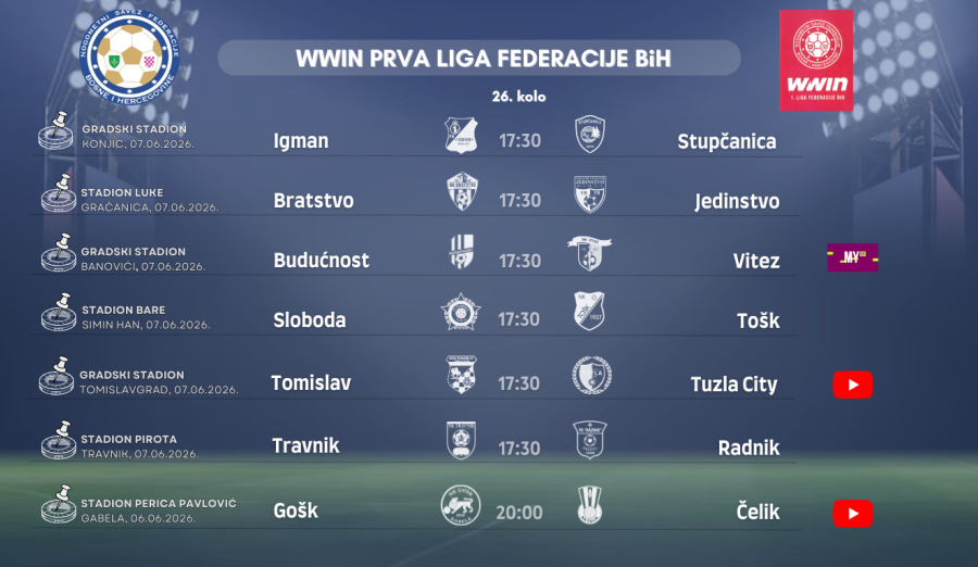 Službena lica 26. kola WWIN Prve lige Federacije BiH